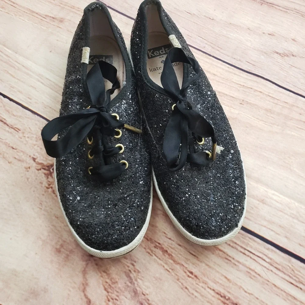 Keds Kate Spade Shoes Womens Size 5‎ Black Glitter Lace Up Sneakers WF52882